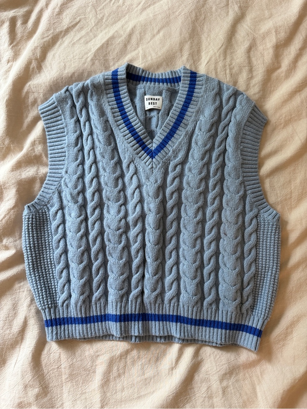 Sunday Best Pale Blue Cable Knit V-Neck Sweater Vest with Navy Trim